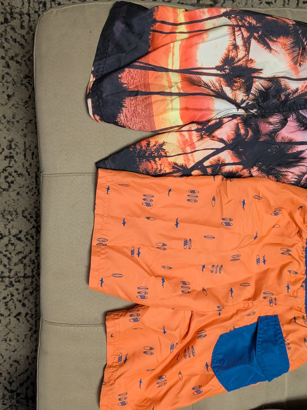 Set Of 2 Kids Swim Trunks - Orange & Black Sunset and Bright Orange Surf